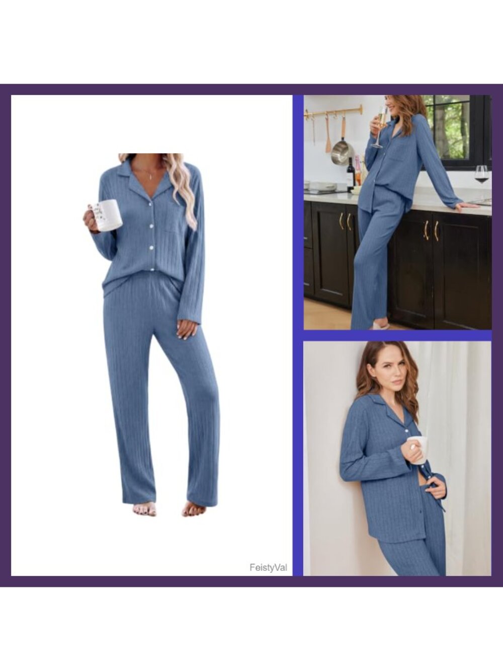 Ribbed Knit Pajama Set Long Sleeve Button Down Lounge